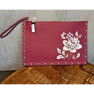NWT White House Black Market Red Studded Floral Detail Wristlet Clutch Bag Studs